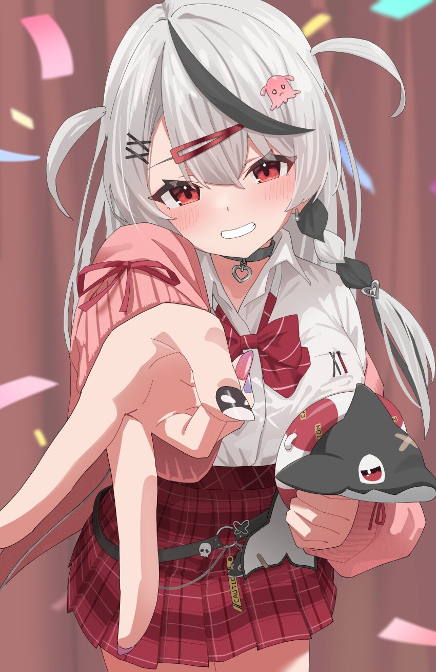 1girl 1nose_yuuka absurdres belt_collar black_hair bow bowtie braid cardigan check_commentary choker collar collared_shirt commentary_request confetti cowboy_shot grey_hair grin gyaru_v hair_ornament hairclip heart heart_choker heart_hair_ornament highres holding hololive inu_(sakamata_chloe) long_hair looking_at_viewer loose_bowtie multicolored_hair multicolored_nails nail_art pink_cardigan plaid_clothes plaid_skirt red_bow red_bowtie red_skirt sakamata_chloe sakamata_chloe_(gyarumata) shirt side_braid single_braid skirt smile streaked_hair two-tone_hair two_side_up v virtual_youtuber white_shirt x_hair_ornament
