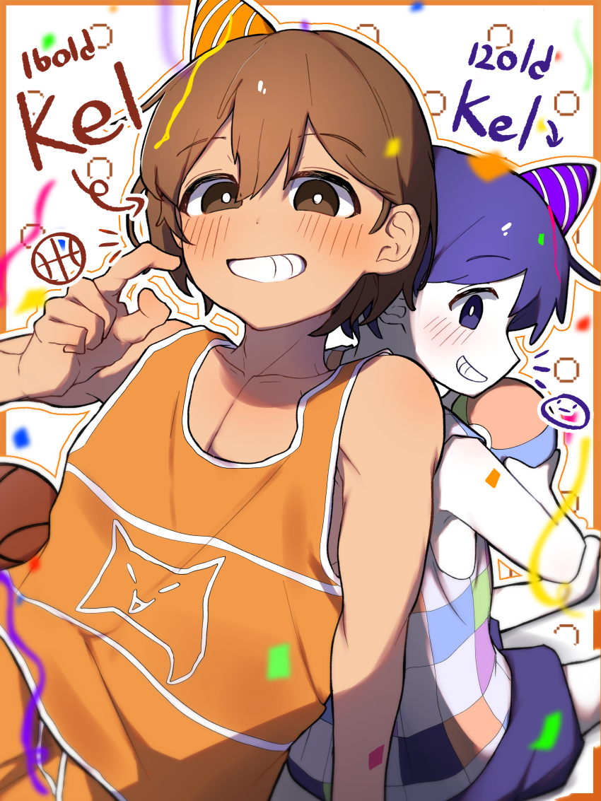 2boys absurdres arrow_(symbol) ball basketball_(object) blush bright_pupils brown_eyes brown_hair character_name collarbone colored_skin commentary_request confetti dark-skinned_male dark_skin double-parted_bangs dual_persona grin hair_behind_ear hair_between_eyes hat hector_(omori) highres holding holding_ball kel_(faraway)_(omori) kel_(headspace)_(omori) kel_(omori) looking_at_viewer male_focus multiple_boys omiriomiri omori open_mouth party_hat purple_eyes purple_hair purple_shorts short_hair shorts sitting smile teeth white_pupils white_skin