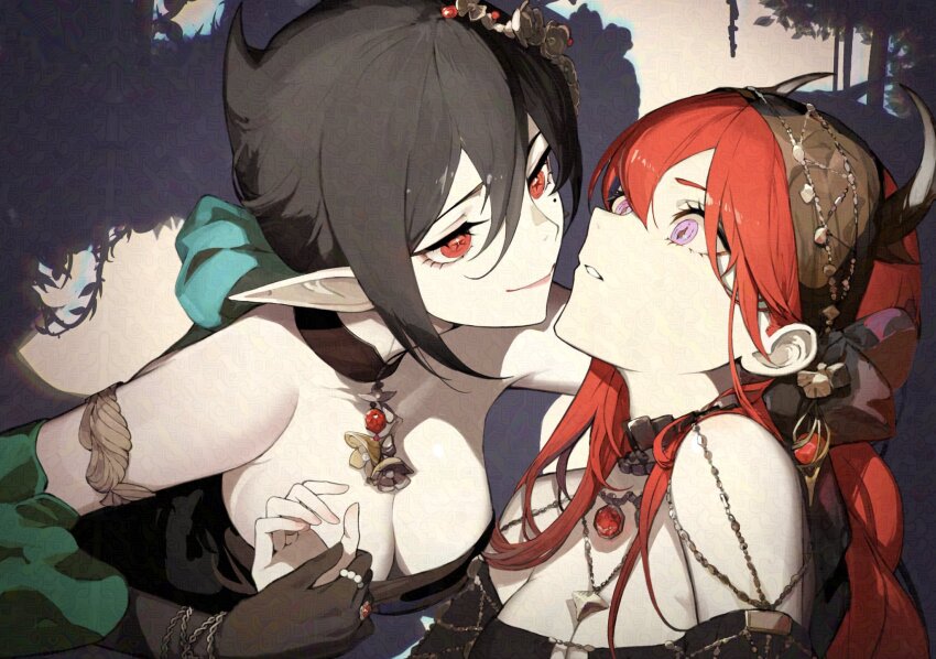 2girls anths arknights black_dress black_hair breasts cleavage commentary_request demon_horns dress entelechia_(arknights) hair_between_eyes highres horns long_hair medium_breasts mole mole_under_eye multiple_girls pointy_ears purple_eyes red_eyes red_hair slit_pupils surtr_(arknights)