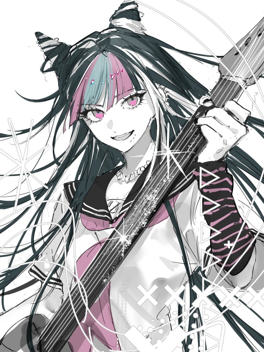 1girl black_hair blue_streaks commentary_request danganronpa_(series) danganronpa_2:_goodbye_despair ear_piercing face_piercing fang gloves guitar hair_horns highres holding holding_guitar holding_instrument instrument jewelry lip_piercing long_hair looking_at_viewer mioda_ibuki mouth_piercing multicolored_hair multiple_piercings neckerchief necklace open_mouth piercing pink_eyes pink_hair pink_neckerchief pink_streaks sailor_collar scene_fashion school_uniform scrunchie sequential_piercings shirt short_sleeves simple_background smile solo streaked_hair striped_clothes striped_gloves triangle white_background white_hair white_streaks wrist_scrunchie x_(symbol) yoruirooo777