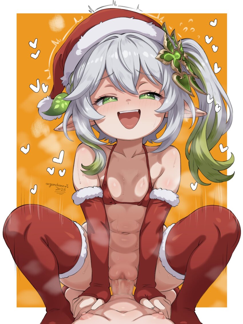 1boy 1girl argonchann bikini breasts censored christmas cowgirl_position elbow_gloves fur-trimmed_elbow_gloves fur-trimmed_sleeves fur_trim genshin_impact gloves hat loli looking_at_viewer mosaic_censoring nahida_(genshin_impact) open_mouth pointy_ears santa_bikini santa_costume santa_hat sex small_breasts straddling swimsuit tagme thighhighs white_hair