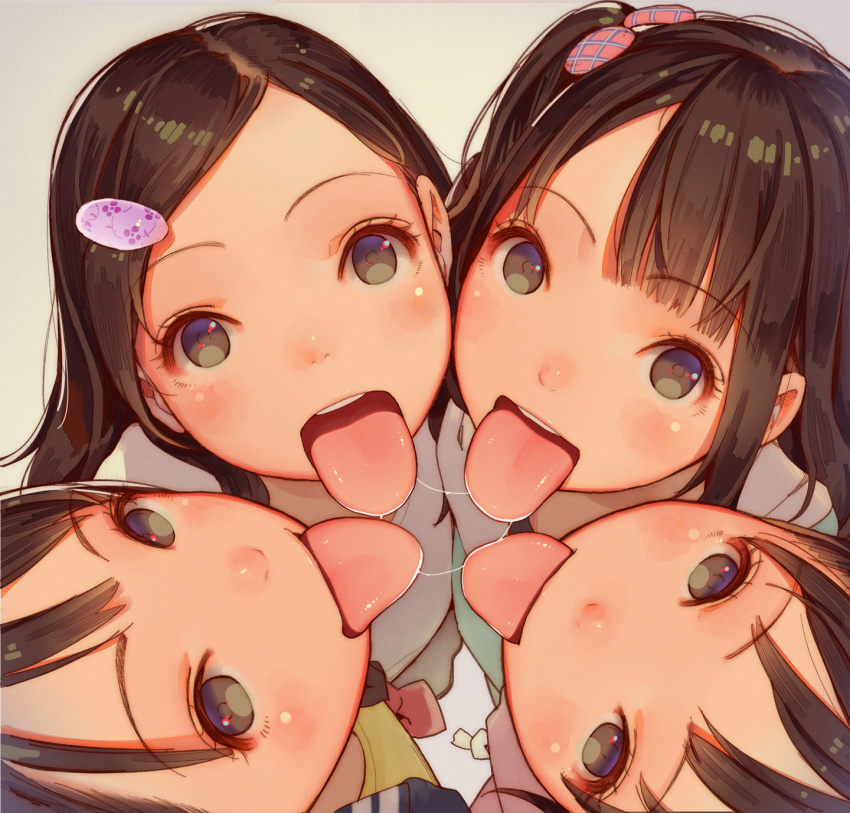 4girls black_hair blush female_focus from_above hair_ornament hairclip highres loli long_hair looking_at_viewer looking_up muk_(monsieur) multiple_girls open_mouth original saliva saliva_trail sexually_suggestive short_hair sidelocks tongue tongue_out