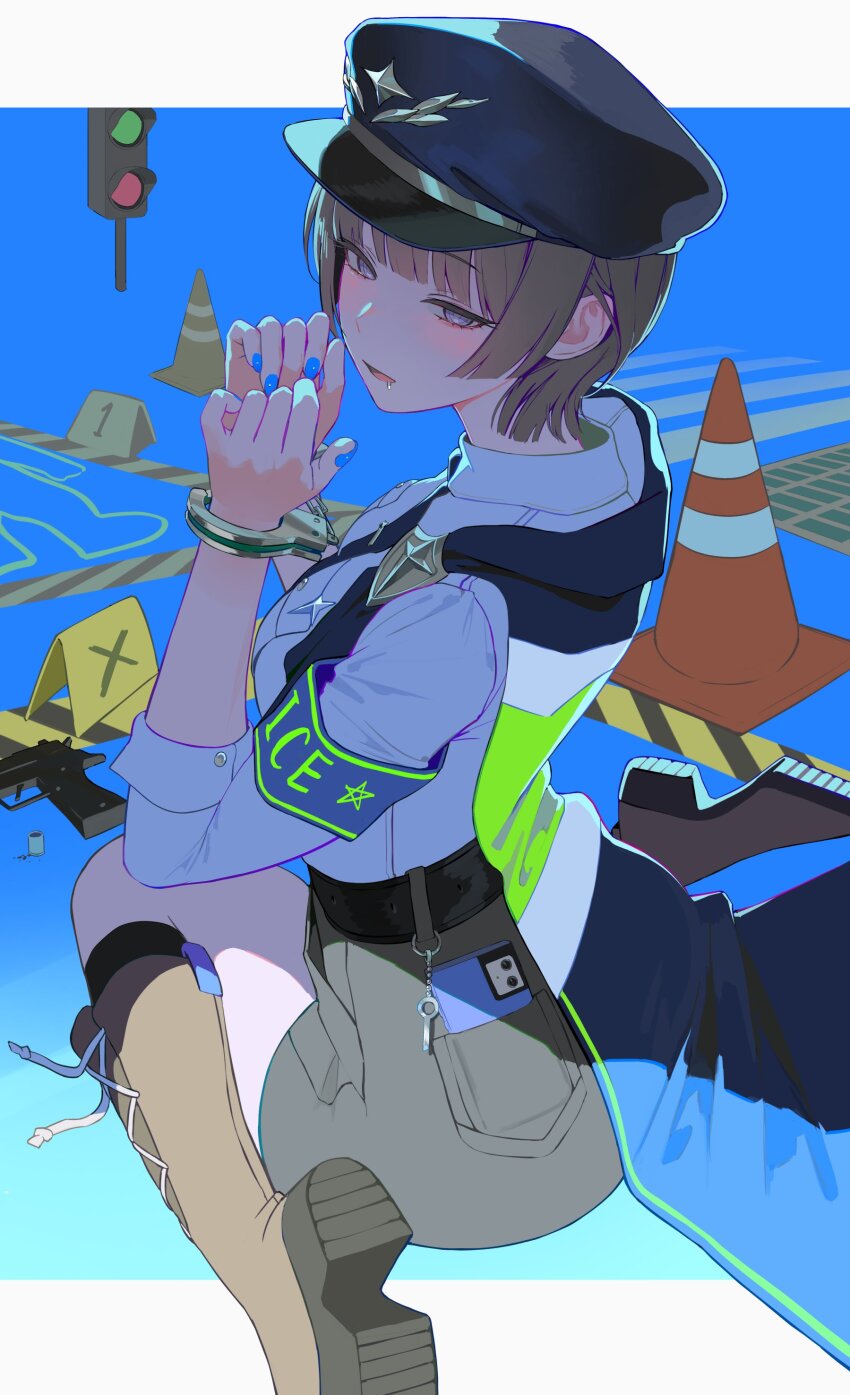 1girl absurdres belt boots breasts brown_hair cape cellphone cuffed cuffs handcuffs hat highres knee_boots kneeling looking_at_viewer medium_breasts myabit nail_polish original phone police police_hat police_uniform policewoman saliva short_hair smartphone solo traffic_cone