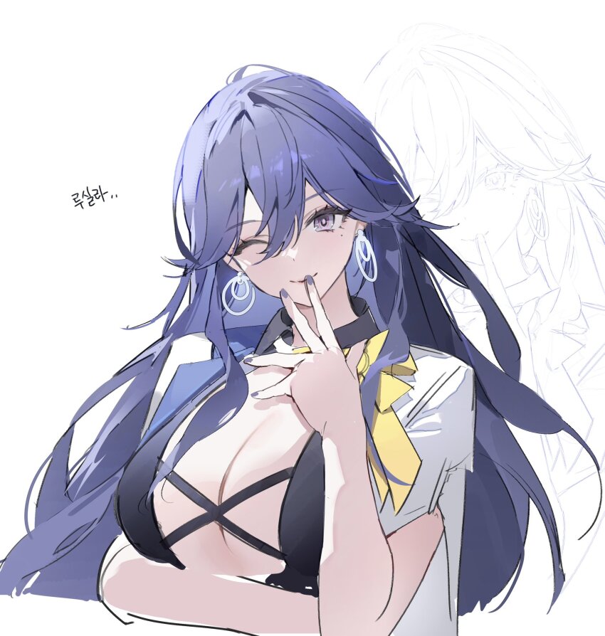 1girl breasts closed_mouth earrings hand_up highres hy_(hem_oo) jewelry large_breasts long_hair looking_at_viewer lucilla_(wuthering_waves) mole mole_under_eye nail_polish no_headwear one_eye_closed purple_eyes purple_hair purple_nails smile solo upper_body wuthering_waves