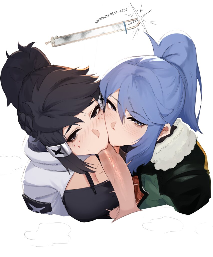 1boy 2girls absurdres black_eyes black_hair blue_eyes blue_hair borrowed_character breasts cleavage commentary cooperative_fellatio english_commentary english_text facial_mark fellatio fur-trimmed_jacket fur_trim hair_tubes hetero highres jacket large_breasts licking licking_penis long_hair looking_at_viewer monster_hunter_(series) multiple_girls oral original penis ponytail saki_(the_atko) sword teamwork_(sexual) the_atko uncensored weapon white_background