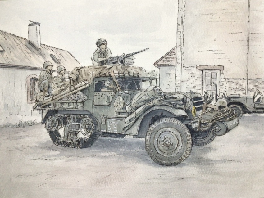 3boys atelier_bono browning_m2 building cloud cloudy_sky combat_helmet commentary_request gun heavy_machine_gun helmet highres m1_helmet m3_half-track machine_gun manually-operated_mounted_gun military_combat_uniform military_jeep military_uniform military_vehicle motor_vehicle multiple_boys original painting_(medium) sky soldier tow_hook traditional_media watercolor_(medium) weapon world_war_ii