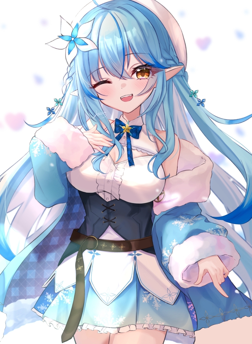 1girl ahoge bare_shoulders blue_coat blue_hair blush boots braid breasts cleavage cleavage_cutout clothing_cutout coat colored_tips commentary_request corset elf flower frilled_skirt frills fur_trim hair_between_eyes hair_flower hair_ornament hana_s hat heart heart_ahoge highres hololive large_breasts long_hair long_sleeves looking_at_viewer multicolored_hair off_shoulder one_eye_closed open_mouth pointy_ears ribbon side_braid simple_background skirt smile snowflake_print solo thighhighs upper_body very_long_hair virtual_youtuber white_background white_flower white_hat yellow_eyes yukihana_lamy yukihana_lamy_(1st_costume) zettai_ryouiki