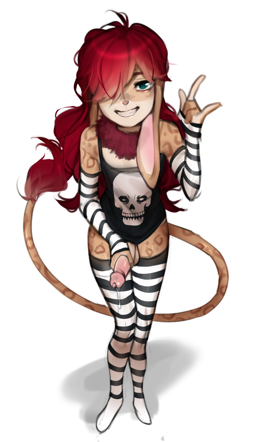 1boy absurdres animal_ears black_shirt commentary cum english_commentary furry furry_male grin highres long_hair looking_at_viewer male_focus original penis pita-potato red_hair shirt skull_print smile solo striped_clothes striped_thighhighs tail testicles thighhighs trap ych_commission