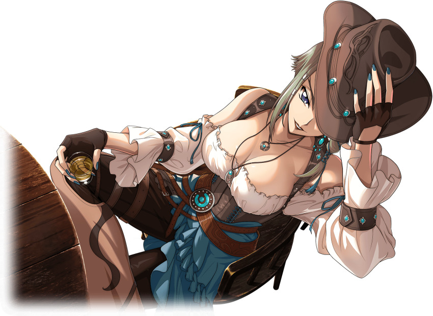1girl bare_shoulders black_gloves blonde_hair blue_eyes breasts code_geass code_geass:_lost_stories cowboy_hat cowboy_western cowgirl_(western) f4samurai game_cg gloves grey_eyes hat highres jewelry large_breasts looking_at_viewer nonette_enneagram official_art short_hair smile solo solo_focus