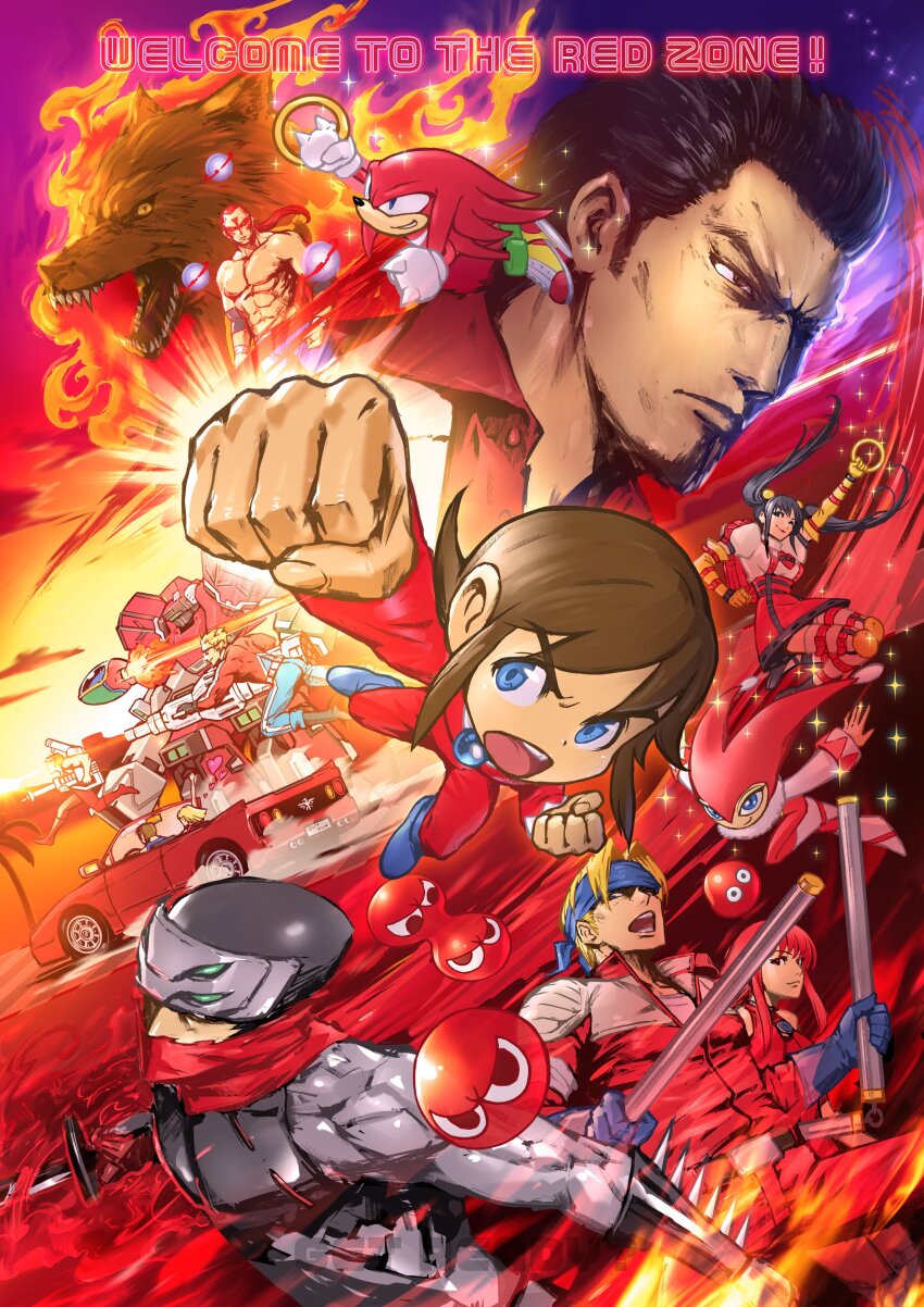 1other 3girls 6+boys absurdres alex_kidd alex_kidd_(character) alien_storm annotated armor black_eyes black_hair blonde_hair blue_eyes blue_headband brown_hair cannon car clenched_hands closed_mouth color_connection commentary_request company_connection crossover dual_wielding english_text facial_tattoo fantasy_zone fighting_vipers fire flying furry furry_male gordon_(alien_storm) gun harrier_(character) hat headband heart highres holding holding_cannon holding_gun holding_weapon honey_(fighting_vipers) hotsuma jester_cap juuouki kiryu_kazuma knuckles'_chaotix knuckles_the_echidna kudou_yusaku_(last_bronx) last_bronx long_hair mecha mieu_(phantasy_star) motor_vehicle multiple_boys multiple_girls muscular muscular_male naratani nights_(character) nights_into_dreams ninja one_eye_closed opa-opa open_mouth out_run outdoors palm_tree pants parted_lips phantasy_star phantasy_star_iii ponytail puyo_(puyopuyo) puyopuyo raiden_(virtual_on) red_eyes red_hair red_hat red_pants red_scarf red_shirt red_theme ring_(sonic) robot ryuu_ga_gotoku_(series) scarf scarf_over_mouth sega sharp_teeth shinobi_(game) shinobi_(ps2) shirt short_hair smile sonic_(series) sonic_the_hedgehog_(classic) space_harrier star_(sky) sunglasses sunset tattoo teeth topless_male tree twintails v-shaped_eyebrows virtua_fighter virtual_on weapon wolf wolf_hawkfield yellow_eyes