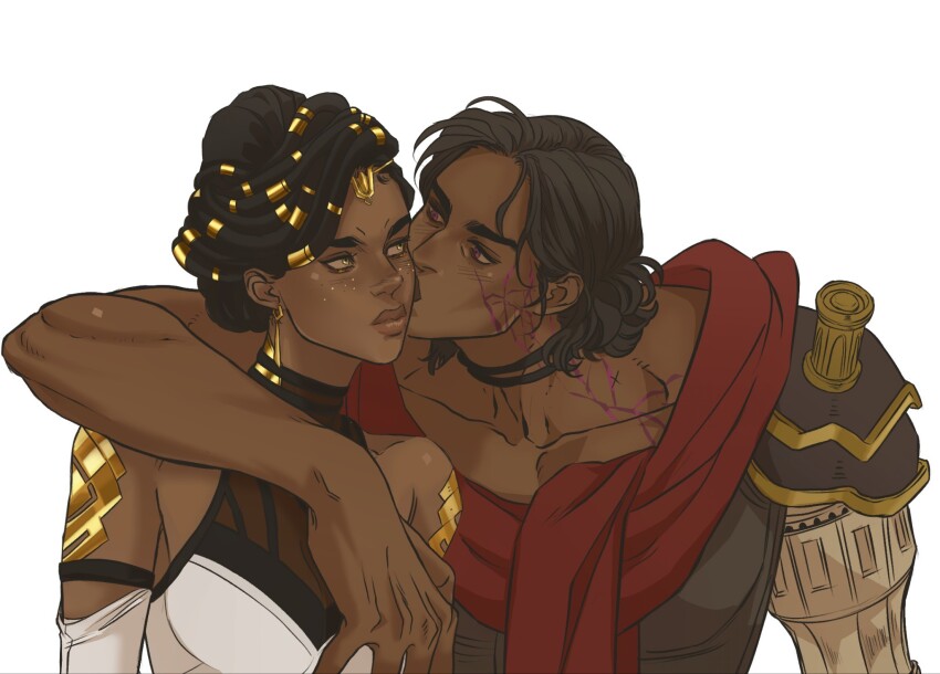 2girls arcane:_league_of_legends arm_around_shoulder armor bare_shoulders brown_eyes brown_hair collarbone couple cracked_skin dark-skinned_female dark_skin dreadlocks dress glitter glitter_makeup gold_armor gold_tattoo hair_ornament hair_up head_tilt highres kiss kissing_cheek league_of_legends leaning_to_the_side looking_at_another looking_to_the_side marceline2174 mechanical_arms mel_(league_of_legends) multiple_girls muscular muscular_female red_scarf scarf sevika_(arcane) shade short_hair shoulder_plates simple_background single_mechanical_arm sleeveless sleeveless_dress standing thick_lips upper_body very_dark_skin white_background yuri