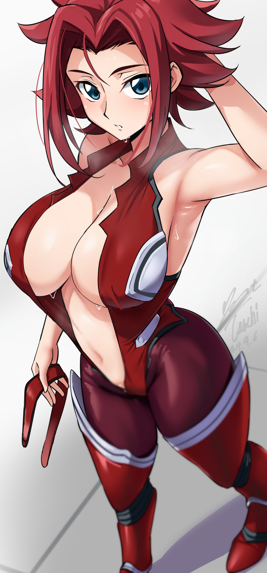 1girl absurdres arm_behind_head arm_up armpits bare_shoulders blue_eyes bodysuit boots breasts cleavage code_geass dated flipped_hair hair_between_eyes hairband highres holding_hairband kouzuki_kallen large_breasts looking_at_viewer navel open_bodysuit open_clothes parted_lips presenting_armpit red_bodysuit red_boots red_hair red_hairband short_hair signature sleeveless sleeveless_bodysuit solo stomach sweat thigh_boots thighs yoo_tenchi