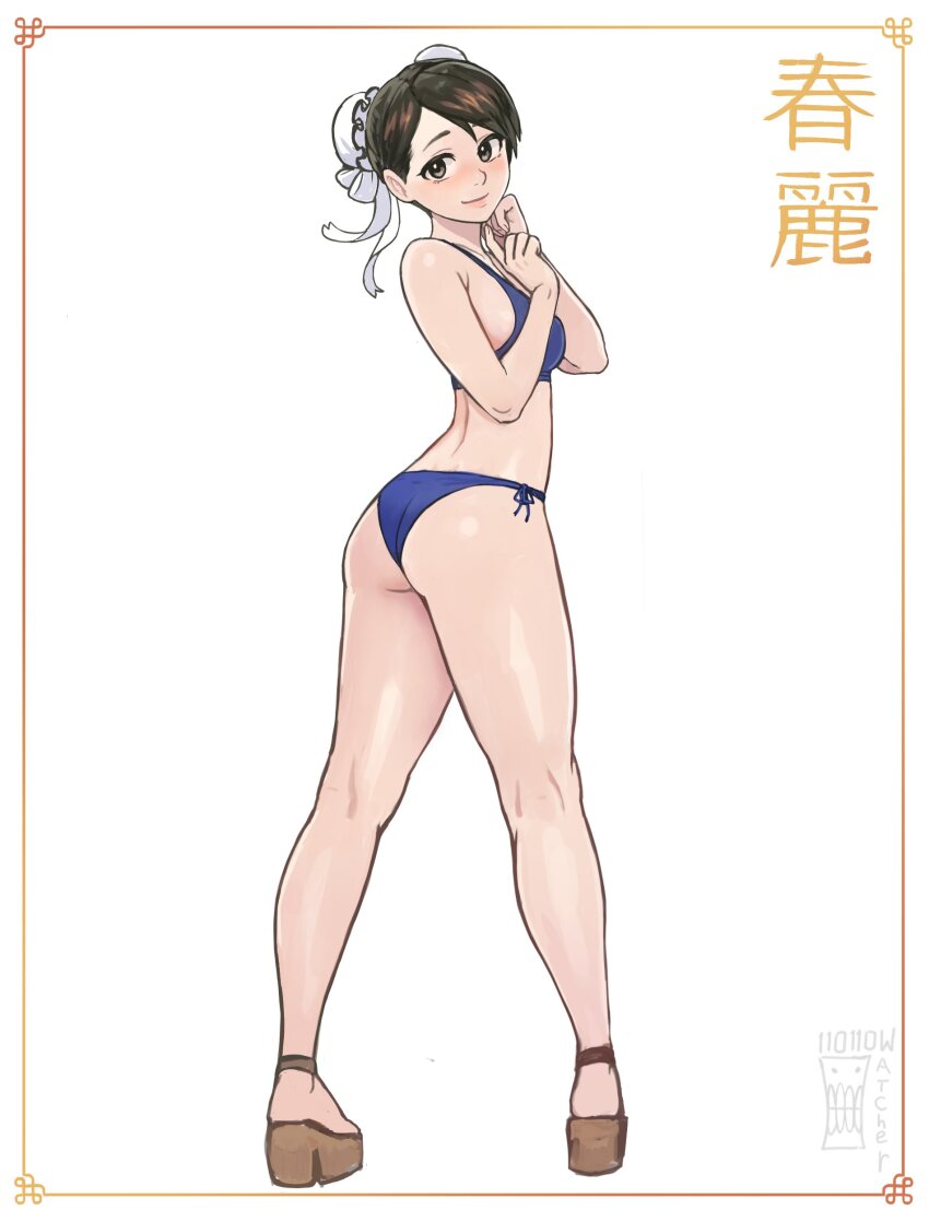 1girl absurdres ass bare_arms bare_legs bare_shoulders bikini blue_bikini blush breasts brown_eyes brown_hair bun_cover capcom character_name chun-li commentary double_bun english_commentary from_behind full_body hair_bun hair_ribbon highres kneepits large_breasts looking_at_viewer looking_back platform_sandals ribbon sandals short_hair side-tie_bikini_bottom simple_background smile solo street_fighter swimsuit watcher_hollow white_background white_ribbon
