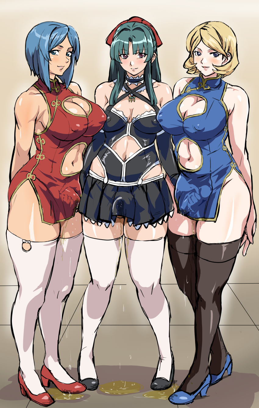 3futa absurdres bare_shoulders blonde_hair blue_eyes blue_hair breasts china_dress chinese_clothes cleavage covered_erect_nipples double_handjob dress food futa_with_futa futanari green_hair hair_ribbon handjob highres large_breasts long_hair looking_at_viewer mamesi_(suhk8583) mamiya_marika multiple_futa nipples pie purple_eyes ribbon short_hair skirt smile standing starless stomach thighhighs white_thighhighs