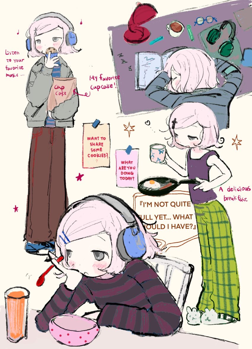 1girl blush bowl computer cup drinking food headphones highres laptop long_sleeves lying mug multiple_persona on_stomach original pants pillow pink_hair sweater table zurazzz