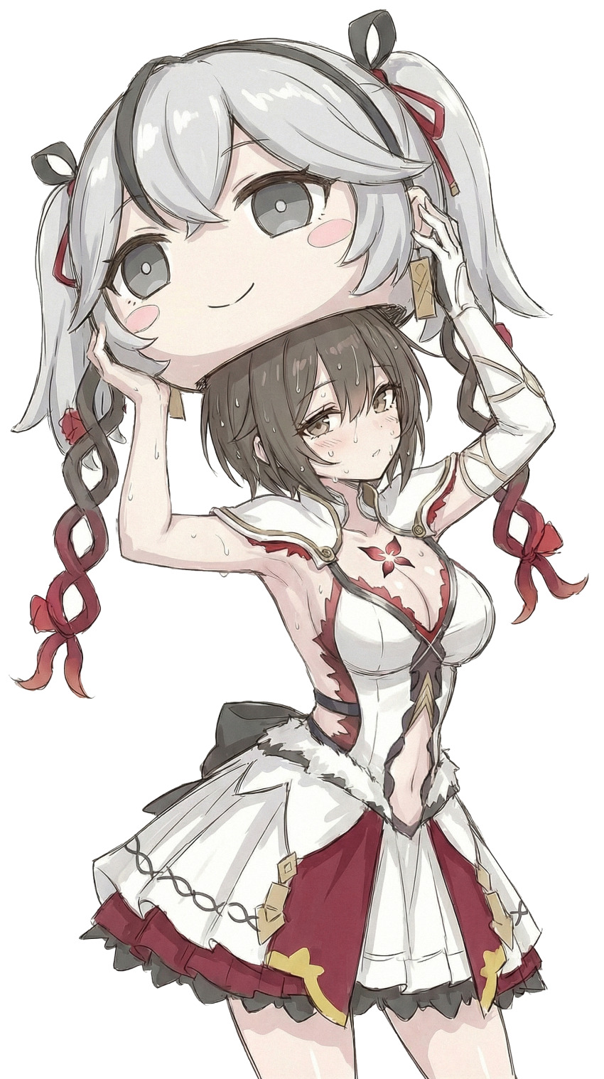 1girl absurdres breasts brown_eyes brown_hair camellya_(wuthering_waves) camellya_mascot_(meme) collar dress grey_eyes grey_hair highres looking_at_viewer mask medium_breasts meme muchdoge non-web_source open_mouth red_ribbon ribbon short_hair simple_background sketch solo sweat unworn_mask white_background white_collar white_dress wuthering_waves