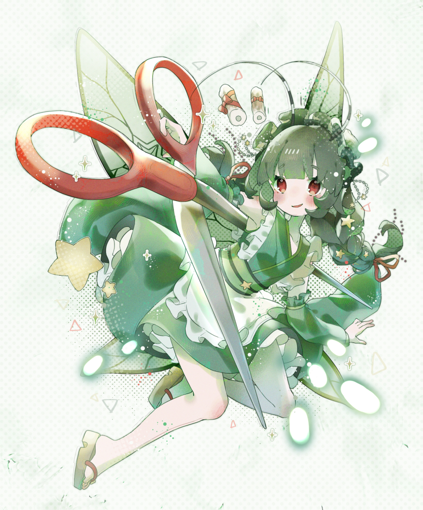 1girl antennae apron armpits bare_legs blunt_bangs breasts chain chikuwa commentary_request detached_sleeves dotted_background food frills full_body green_hair green_theme hair_ornament hair_ribbon halftone highres insect_wings japanese_clothes kamikiri_kasori kimono lolita_fashion looking_at_viewer maid_apron maid_headdress miniko_0325 obi okobo original oversized_object petticoat platform_sandals red_eyes red_ribbon ribbon sandals sash scissors small_breasts smile solo sparkle star_(symbol) star_hair_ornament touhou twintails wa_lolita wings