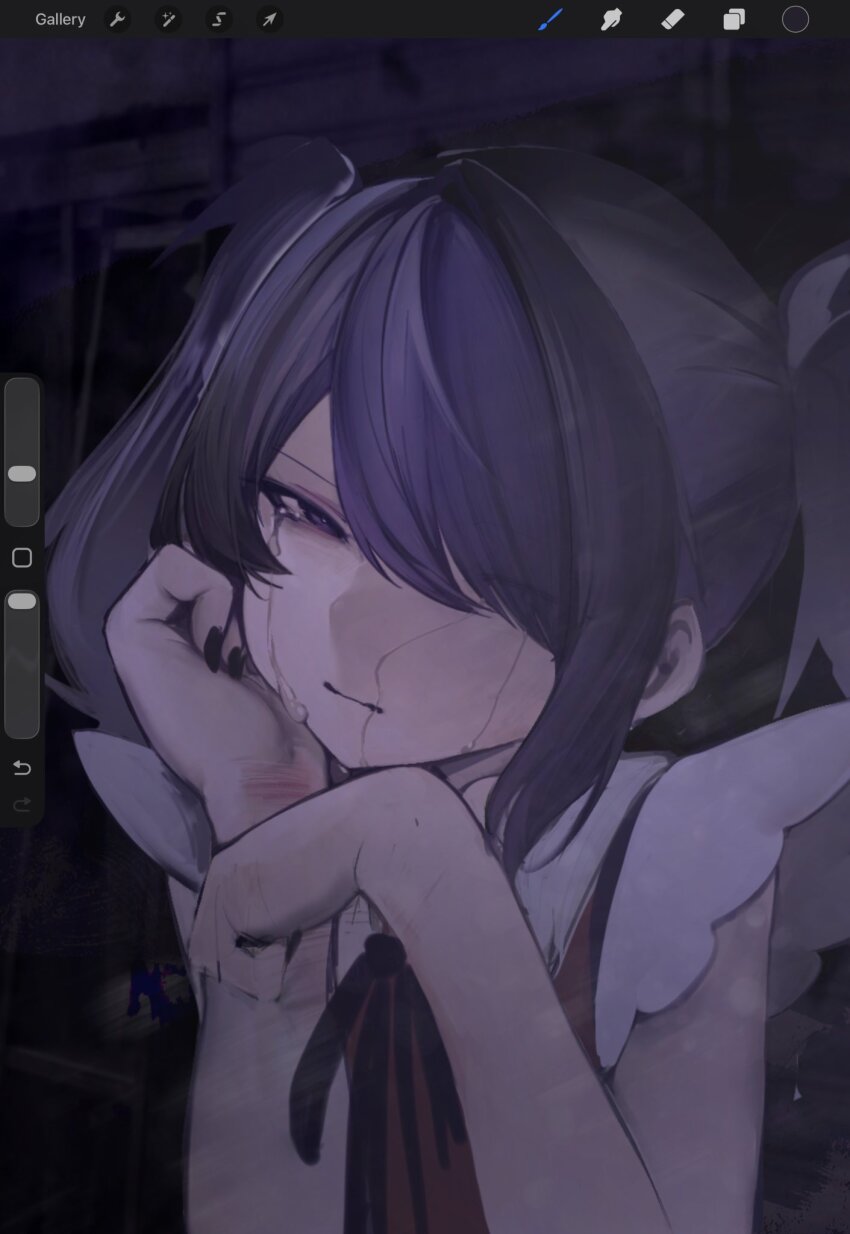 1girl aki_(kot0maru) ame-chan_(needy_girl_overdose) art_program_in_frame black_eyes black_hair crying crying_with_eyes_open hair_over_one_eye half-closed_eye hand_on_own_face hands_up hashtag-only_commentary highres long_sidelocks looking_at_viewer neck_ribbon needy_girl_overdose red_shirt ribbon screencap shirt short_twintails sidelocks tears twintails winged_sleeves wrist_cutting