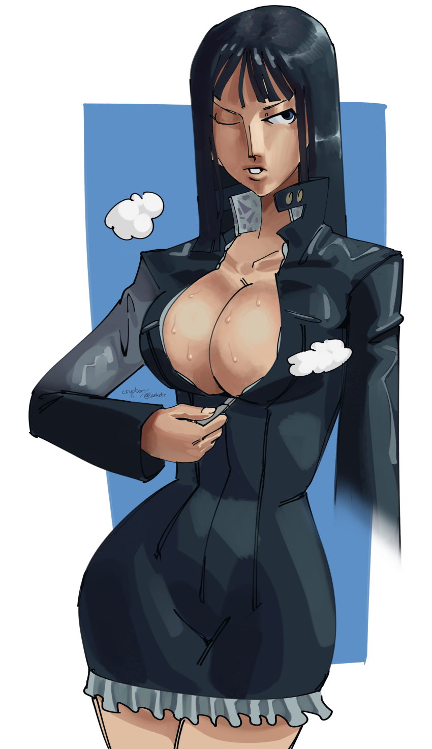 1girl absurdres blue_eyes blunt_bangs breasts cowboy_shot cropped_arms cryptor highres large_breasts long_hair looking_to_the_side nico_robin nico_robin_(water_7) official_alternate_costume one_eye_closed one_piece sweat tagme unzipping zipper zipper_pull_tab