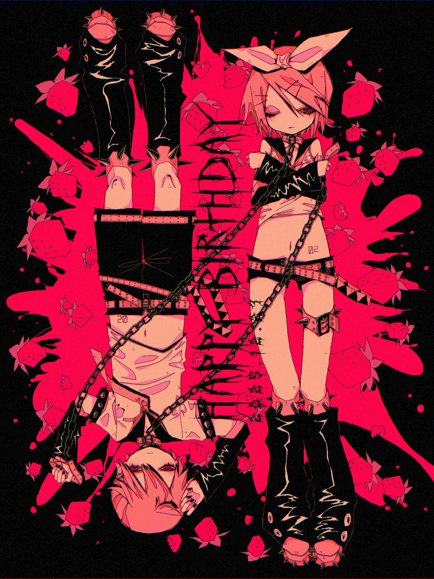 akaname_(akaname_404) arms_up belt birthday black_background black_boots black_nails black_shorts boots bow chain chain_leash chained closed_mouth collar commentary cropped_shirt english_commentary food fruit full_body hair_bow happy_birthday highres holding holding_leash kagamine_len kagamine_rin leash looking_at_viewer midriff monochrome navel necktie one_eye_closed red_eyes red_theme ringed_eyes short_hair short_shorts shorts siblings spiked_boots strawberry vocaloid