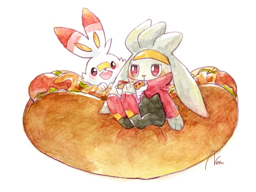 bright_pupils full_body gen_8_pokemon hot_dog nintendo no_humans non_(kumakawayusu) open_mouth oversized_food oversized_object painting_(medium) pokemon pokemon_(creature) raboot red_eyes scorbunny simple_background sitting traditional_media watercolor_(medium) white_background white_pupils