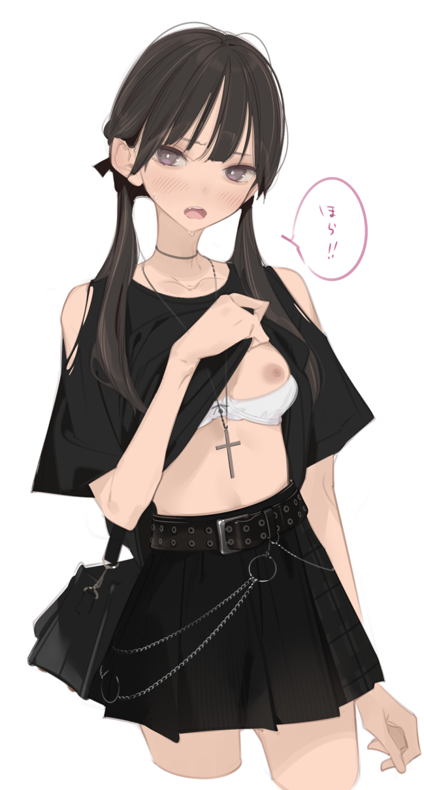 1girl ama_mitsuki bag belt black_bag black_hair black_shirt black_skirt blush bra bra_pull breasts bright_pupils brown_eyes clothes_lift clothes_pull clothing_cutout cropped_legs cross cross_necklace fang highres jewelry lifting_own_clothes long_hair low_twintails miniskirt necklace nipples one_breast_out open_mouth original pleated_skirt presenting presenting_breasts shirt shirt_lift shoulder_bag shoulder_cutout simple_background skirt small_breasts solo sweat translated twintails underwear white_background white_bra white_pupils