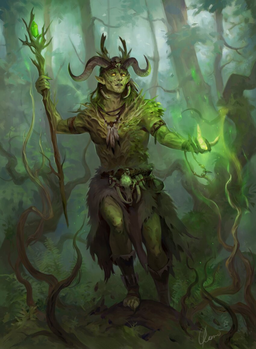 1boy druid dungeons_&amp;_dragons florakinesis forest highres holding holding_staff horns jewelry kueshka magic nature necklace outdoors pointy_ears solo staff standing tree