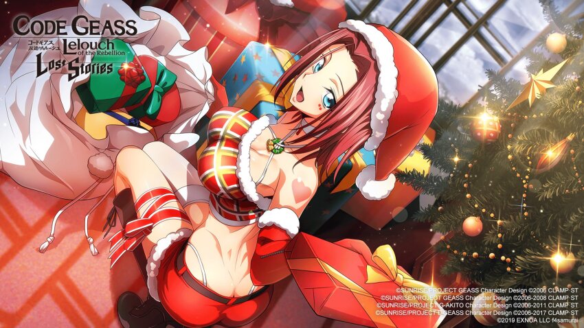1girl ass back bare_shoulders belt black_boots blue_eyes body_markings boots bow box breasts butt_crack choker christmas christmas_ornaments christmas_tree cleavage code_geass code_geass:_lost_stories collarbone commentary commentary_request crop_top dimples_of_venus dutch_angle elbow_gloves english_commentary f4samurai facial_mark from_behind full_body fur-trimmed_gloves fur-trimmed_headwear fur-trimmed_shirt fur-trimmed_shorts fur_trim game_cg gift gift_box gloves green_bow hair_intakes hand_up happy hat heart high_heels highleg highleg_panties highres holding holding_box holding_sack incoming_gift indoors knee_boots kouzuki_kallen large_breasts leg_ribbon legs_together looking_at_viewer looking_back midriff official_art open_mouth panties plaid_clothes plaid_shirt pom_pom_(clothes) red_gloves red_hair red_hat red_ribbon red_shirt red_shorts ribbon sack santa_hat shirt short_hair short_shorts shorts sidelocks single_thighhigh sleeveless sleeveless_shirt smile solo sparkle squatting star_(symbol) string_panties thighhighs underwear white_choker white_panties white_thighhighs window yellow_bow zipper