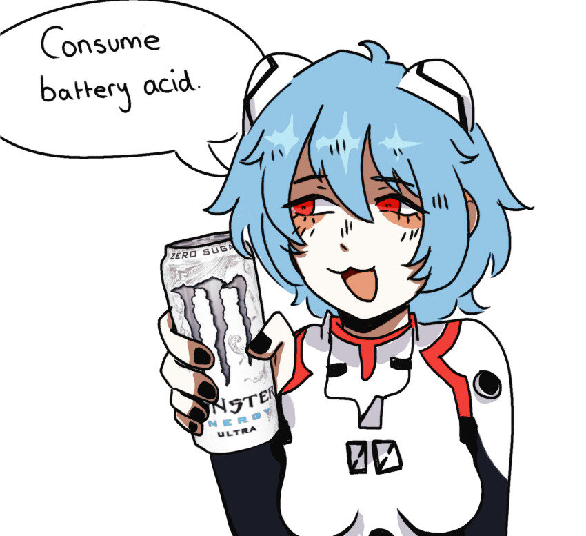 1girl :3 ayanami_rei black_nails blue_hair bodysuit breasts can commentary drink_can english_commentary english_text fingernails grin hair_between_eyes highres holding holding_can interface_headset_(evangelion) looking_to_the_side mecha_pilot_suit monster_energy neon_genesis_evangelion open_mouth plugsuit_(evangelion) punpuncore red_eyes short_hair simple_background small_breasts smile soda_can solo upper_body white_background white_bodysuit
