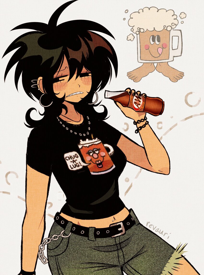 1girl absurdres alcohol beer belt black_hair black_shirt bottle chain chain_bracelet commentary drinking ear_piercing earrings highres holding holding_bottle hoop_earrings jewelry midriff navel necklace original piercing print_shirt revauri shirt short_shorts shorts solo squinting