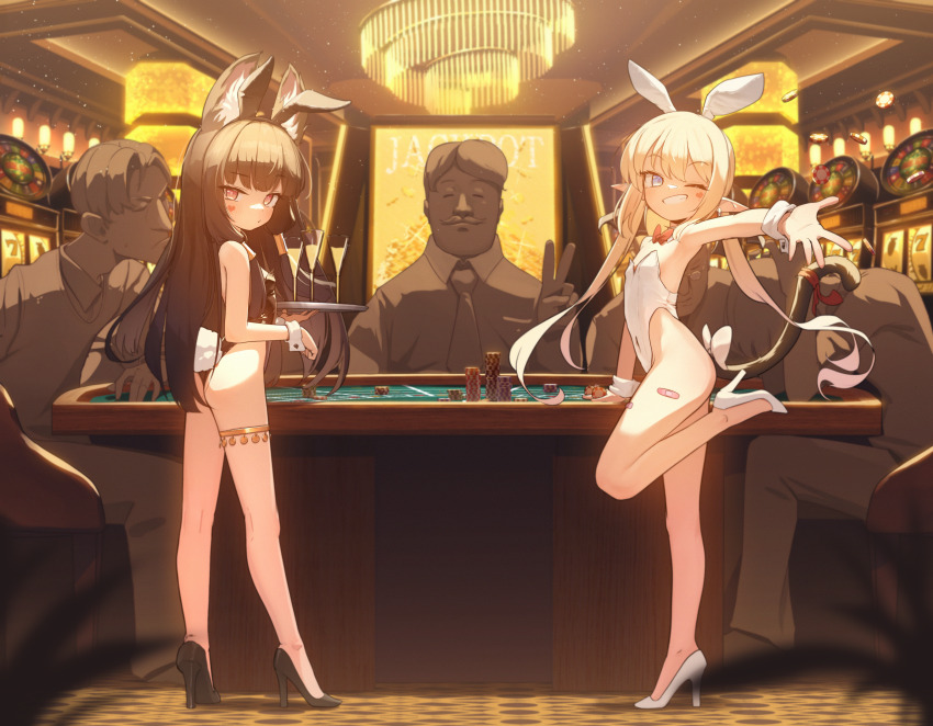 2girls 5boys absurdres alcohol animal_ear_fluff animal_ear_hairband animal_ears ass bandaid bandaid_on_leg black_hair black_leotard black_shoes blonde_hair blue_eyes bow bowtie braid breasts bun_with_braided_base casino casino_card_table cat_tail closed_eyes cocktail_glass collared_shirt commentary commission covered_navel cup detached_collar domado dress_shirt drinking_glass facial_hair facial_mark fake_animal_ears fake_tail flat_chest grin hair_bun hairband heart heart_facial_mark high_heels highleg highleg_leotard highres holding holding_tray indoors leotard long_hair looking_at_viewer multiple_boys multiple_girls mustache neck oc_(atj7359) one_eye_closed original outstretched_arm pixiv_commission playboy_bunny pointy_ears poker_chip pumps rabbit_ear_hairband rabbit_ears rabbit_tail red_bow red_bowtie red_eyes second-party_source shirt shoes short_hair sitting slot_machine small_breasts smile standing standing_on_one_leg strapless strapless_leotard table tail thigh_strap tray twintails v very_long_hair white_leotard white_shoes white_wrist_cuffs wrist_cuffs