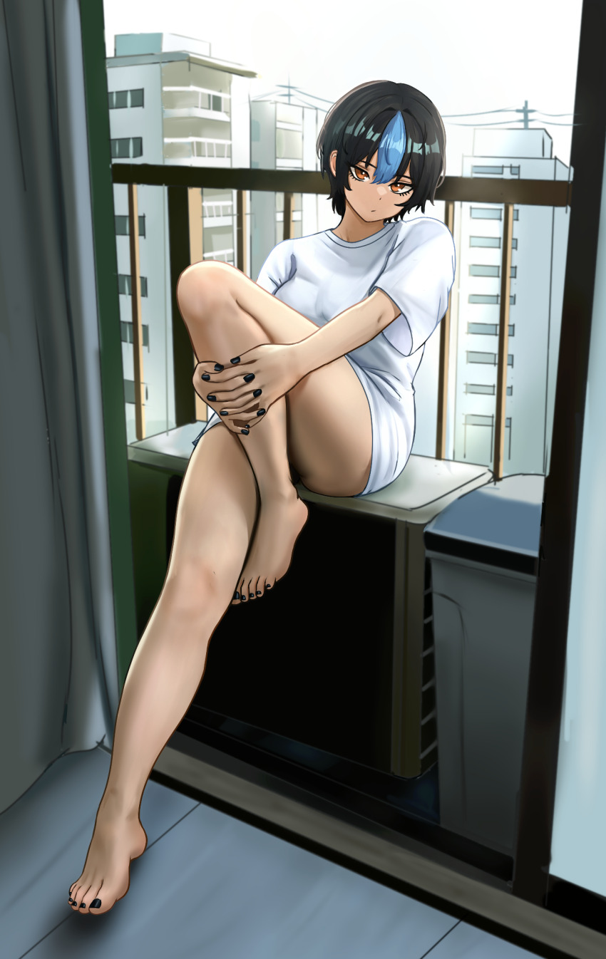 1girl :/ balcony bare_legs barefoot black_hair black_nails blue_streaks breasts brown_eyes building commentary_request condenser_unit feet full_body hair_between_eyes highres holding_own_leg interlocked_fingers legs looking_at_viewer medium_breasts multicolored_hair nail_polish nihu original own_hands_together shiragi_(nihu) shirt short_hair single_hair_streak sitting solo streaked_hair t-shirt thighs toenail_polish toenails toes white_shirt window
