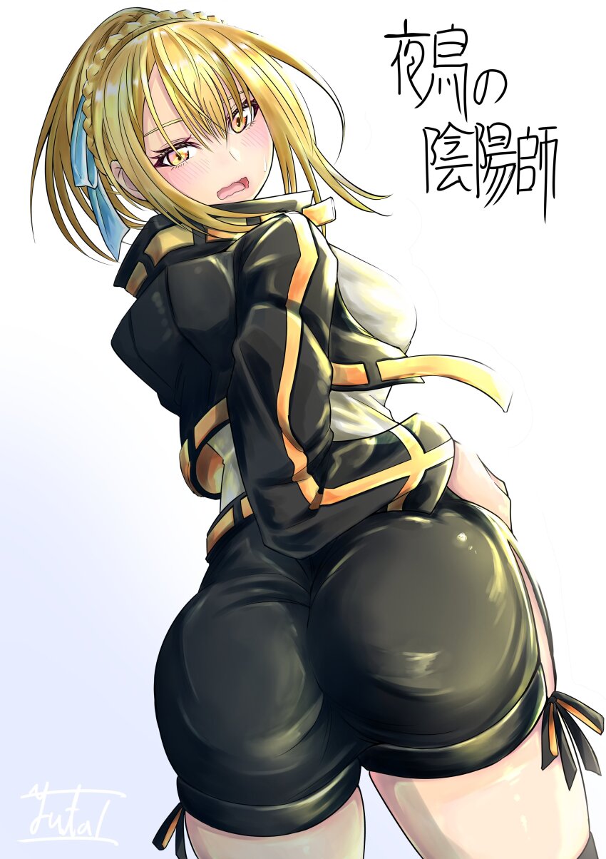 1girl absurdres ass black_jacket black_shorts blonde_hair blue_ribbon blush braid breasts clothing_cutout commentary_request cropped_jacket crown_braid embarrassed from_behind hair_ribbon hand_on_own_hip highres hip_vent huge_ass jacket long_sleeves nue_no_onmyouji open_mouth ponytail ribbon shirt shorts suo_kazusa sweat takahashi_yuta white_shirt yellow_eyes