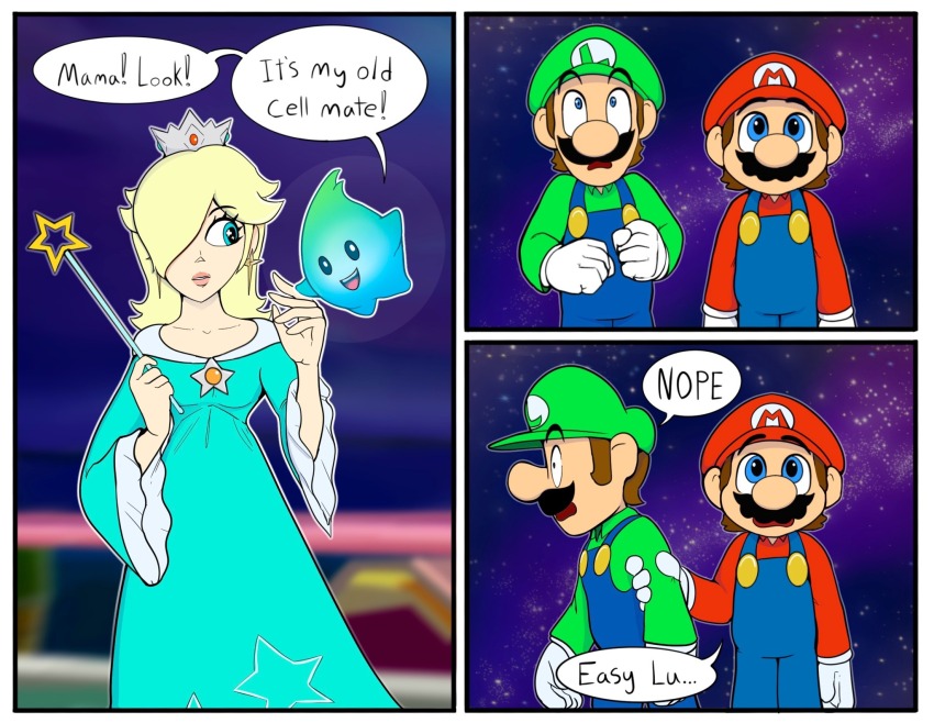 1girl 2boys black_hair blonde_hair blue_dress brothers brown_hair crown dress earrings facial_hair gloves grin hair_over_one_eye hat jewelry looking_at_another luigi luma_(mario) mario mario_(series) multiple_boys mustache rosalina siblings smile speech_bubble standing talking the_super_mario_bros._movie the_super_mario_galaxy_movie wand witch