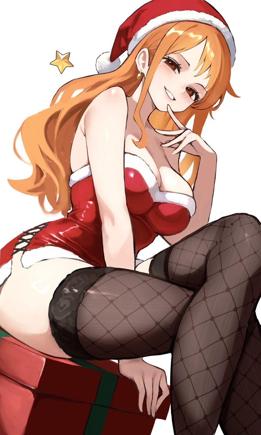1girl absurdres arm_between_legs bare_shoulders black_thighhighs blush box breasts brown_eyes christmas christmas_present cleavage cross-laced_clothes cross-laced_dress crossed_legs dress earrings feet_out_of_frame fishnet_thighhighs fishnets fur-trimmed_dress fur-trimmed_headwear fur_trim gift gift_box hair_behind_ear hat highres jewelry kasumi_6 lace lace-trimmed_thighhighs lace_trim large_breasts long_hair looking_at_viewer nami_(one_piece) one_piece orange_hair parted_lips red_dress red_hat santa_costume santa_hat shiny_clothes short_dress single_sidelock sitting solo star_(symbol) strapless strapless_dress thighhighs thighs wavy_hair