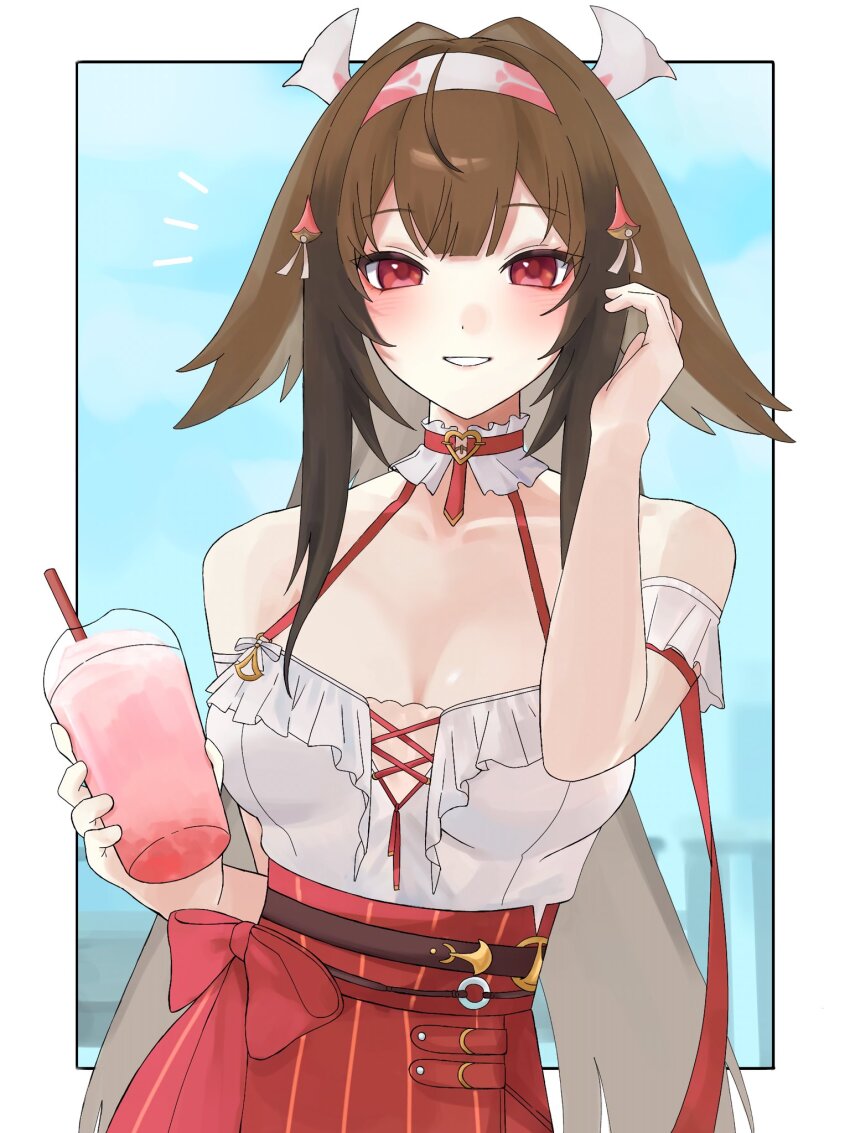 031zerosai 1girl armband bare_shoulders blue_sky blush border breasts brown_hair cleavage collarbone commentary_request cup drink drinking_straw droopy_ears frilled_armband frilled_shirt frilled_shirt_collar frills hairband hand_in_own_hair high-waist_skirt highres holding holding_cup large_breasts long_hair looking_at_viewer multicolored_hairband notice_lines official_alternate_costume outdoors outside_border parted_lips red_eyes red_skirt shirt shirt_tucked_in skirt sky smile solo upper_body white_armband white_border white_hairband white_shirt ye_shunguang zenless_zone_zero