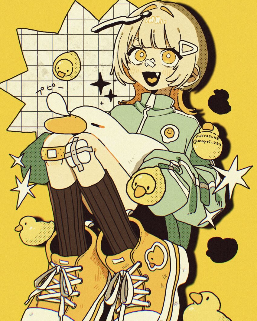 1girl animal artist_name bird black_shorts blonde_hair blush colored_inner_hair duck eyelashes fang green_jacket hair_intakes hair_ornament hairclip highres jacket long_sleeves mayoi_zzz medium_hair multicolored_hair open_mouth original screentones shoes shorts sitting sneakers socks solo tongue twitter_username yellow_background yellow_eyes yellow_shoes zipper zipper_pull_tab