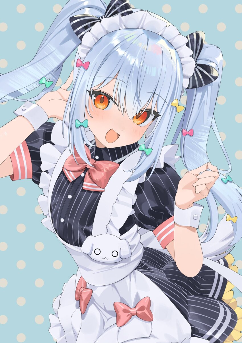 1boy apron blue_background blush bow bowtie commission crossdressing crossdressing_(mtf) dog_tail grey_hair hair_between_eyes hair_bow highres inuyama_tamaki inuyama_tamaki_(2nd_costume) koyo2023 maid maid_apron maid_headdress noripro open_mouth orange_eyes pink_bow skeb_commission solo tail trap twintails virtual_youtuber