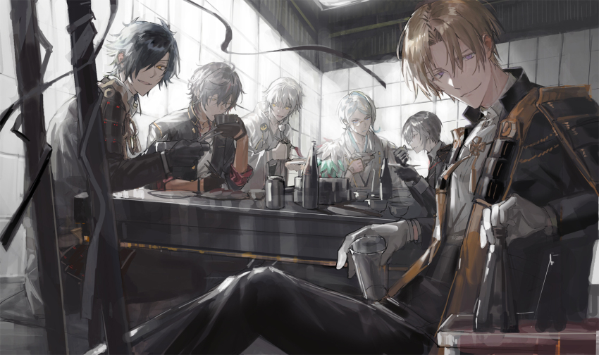 6+boys ahoge armor black_armor black_gloves black_hair black_jacket black_pants black_ribbon blonde_hair blue_hair chopsticks closed_mouth clothing_cutout commentary_request cup full_body glove_cutout gloves grey_hair hair_between_eyes hair_over_one_eye heshikiri_hasebe highres holding holding_chopsticks holding_cup holding_plate hood hoodie indoors jacket japanese_armor looking_at_another looking_at_object looking_at_viewer male_focus monocle monocle_chain multicolored_hair multiple_boys nana_tetra ookurikara pants parted_lips plate purple_eyes ribbon shirt shokudaikiri_mitsutada short_hair shoulder_armor sitting sleeves_rolled_up smile streaked_hair sunlight tomoegata_naginata touken_ranbu tsurumaru_kuninaga two-tone_hair upper_body white_gloves white_hair white_hoodie white_jacket white_shirt wide_sleeves window yagen_toushirou yellow_eyes