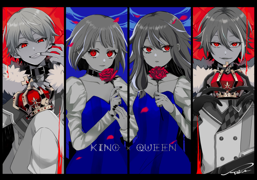2boys 2girls alternate_eye_color belt_collar black_gloves black_nails blue_dress collar column_lineup commentary creator_connection crossed_legs crown detached_sleeves dot_nose dress finger_to_mouth flower gloves greyscale highres holding holding_crown holding_flower juliet_sleeves kamishiro_rui king_(vocaloid) kusanagi_nene limited_palette long_sleeves looking_at_viewer monochrome multicolored_hair multiple_boys multiple_girls ootori_emu open_mouth partially_colored petals project_sekai puffy_sleeves queen_(vocaloid) red_eyes red_flower red_rose rose rose_petals short_hair signature sitting song_name songover standing strapless strapless_dress streaked_hair t_b7ce390 tenma_tsukasa wonderlands_x_showtime_(project_sekai)
