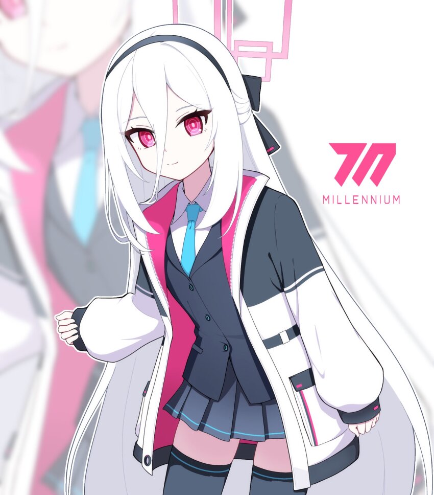 1girl black_bow black_hairband black_skirt black_thighhighs black_vest blue_archive blue_necktie blurry blurry_background bow closed_mouth collared_shirt commentary_request cowboy_shot double-parted_bangs hair_between_eyes hair_bow hairband half_updo halo hand_up highres jacket kei_(blue_archive) kei_(new_body)_(blue_archive) leaning_forward long_hair long_hair_between_eyes looking_at_viewer millennium_science_school_logo miniskirt nagine_11 necktie open_clothes open_jacket outline pink_halo pink_pupils pleated_skirt rectangular_halo red_eyes ringed_eyes shirt simple_background skirt sleeves_past_wrists smile solo split_mouth straight_hair thighhighs very_long_hair vest white_background white_jacket white_outline white_shirt zettai_ryouiki zoom_layer