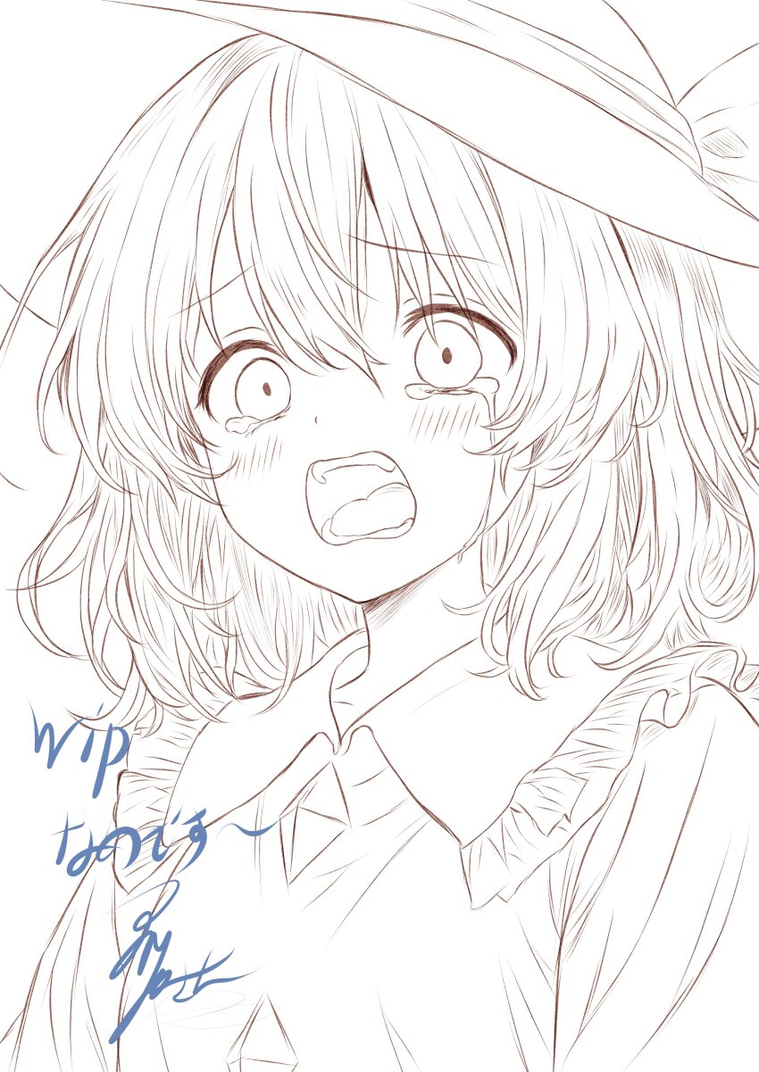 1girl absurdres blush bow buttons collar commentary_request crying crying_with_eyes_open diamond_button frilled_collar frilled_shirt_collar frills hat hat_bow highres iris-san komeiji_koishi lineart monochrome open_mouth shirt signature solo tears teeth tongue touhou unfinished upper_body