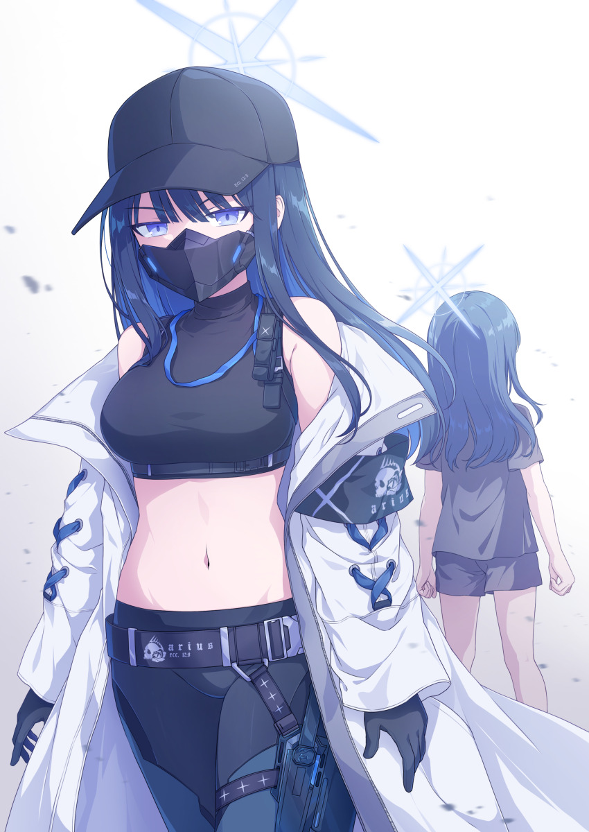 2girls absurdres armband bare_shoulders baseball_cap belt black_armband black_belt black_gloves black_hair black_hat black_mask black_pants black_shirt black_shorts blue_archive blue_eyes blue_hair blue_halo blunt_bangs breasts buckle chest_harness coat colored_inner_hair commentary covered_mouth cowboy_shot crop_top dual_persona from_behind gloves groin hair_between_eyes halo harness hat highres kaoling knife_sheath long_hair mask medium_breasts midriff mouth_mask multicolored_hair multiple_girls navel off_shoulder open_clothes open_coat pants saori_(blue_archive) sheath sheathed shirt short_sleeves shorts sleeveless sleeveless_shirt snap-fit_buckle standing thigh_sheath white_coat