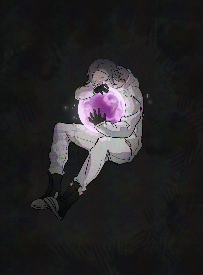 1boy absurdres abura_99 aotsuki_eito black_background black_gloves black_shoes closed_eyes commentary_request floating glasses gloves grey_hair highres hugging_object jacket male_focus negative_space orb pants shoes short_hair solo the_hundred_line_-last_defense_academy- watermark white_jacket white_pants