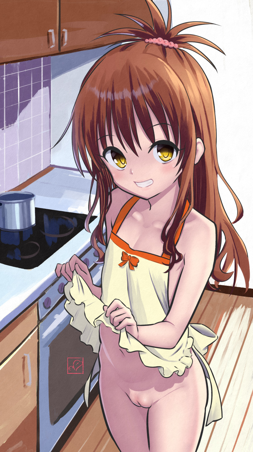1girl absurdres apron apron_lift bare_arms bare_shoulders blush bottomless brown_hair cleft_of_venus clothes_lift collarbone cowboy_shot elementary_(lolipope) flat_chest frilled_apron frills grin groin hair_ornament highres huge_filesize indoors kitchen lifting_own_clothes loli long_hair looking_at_viewer naked_apron navel pussy sidelocks smile solo standing teeth to_love-ru uncensored yellow_apron yellow_eyes yuuki_mikan