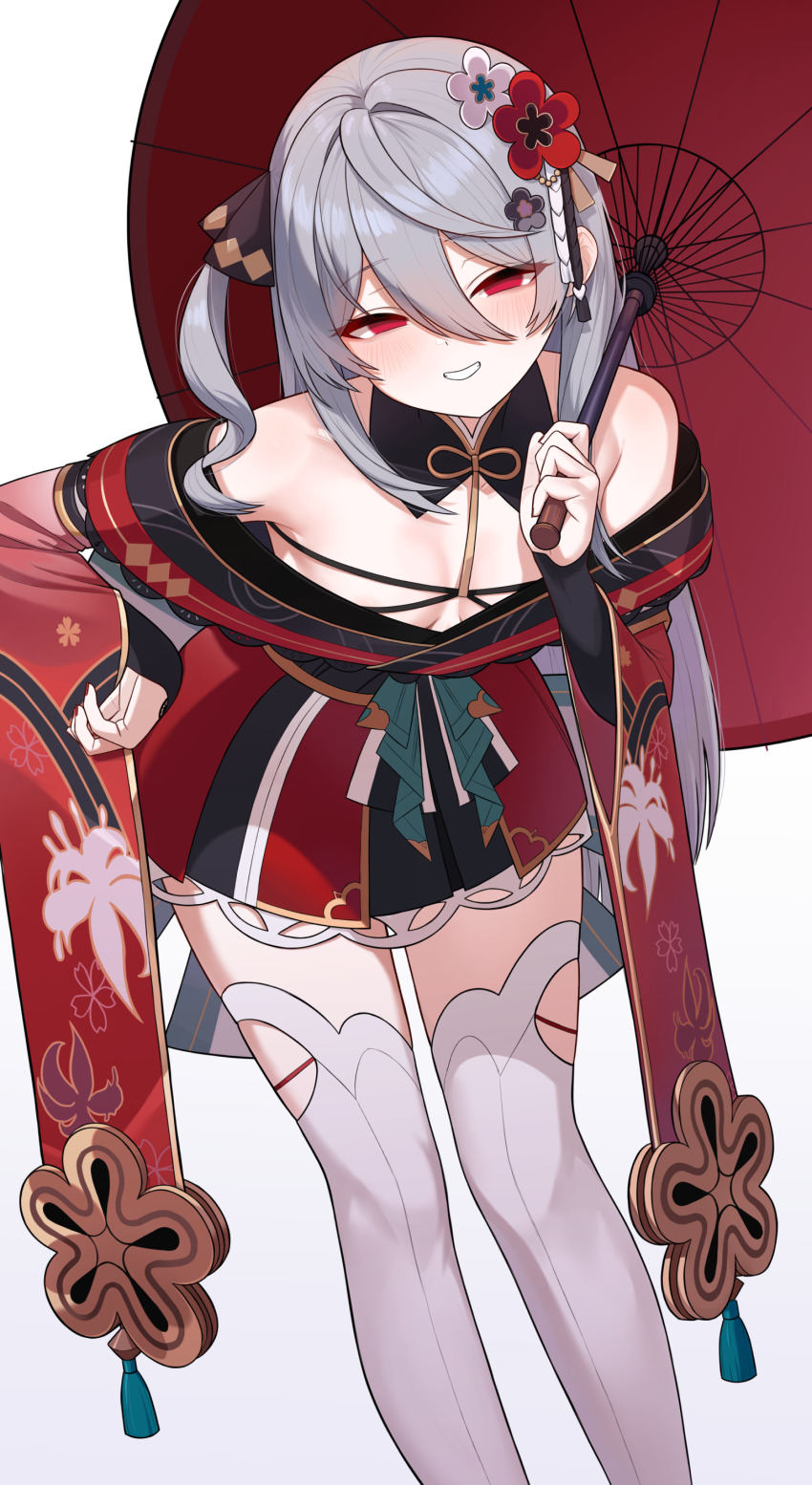 1girl absurdres bare_shoulders bebetang blush breasts cleavage commentary english_commentary flower grey_hair grin hair_between_eyes hair_flower hair_ornament highres holding holding_umbrella japanese_clothes kimono leaning_forward long_hair looking_at_viewer oil-paper_umbrella parasol red_eyes red_umbrella smile solo thighhighs umbrella wide_sleeves