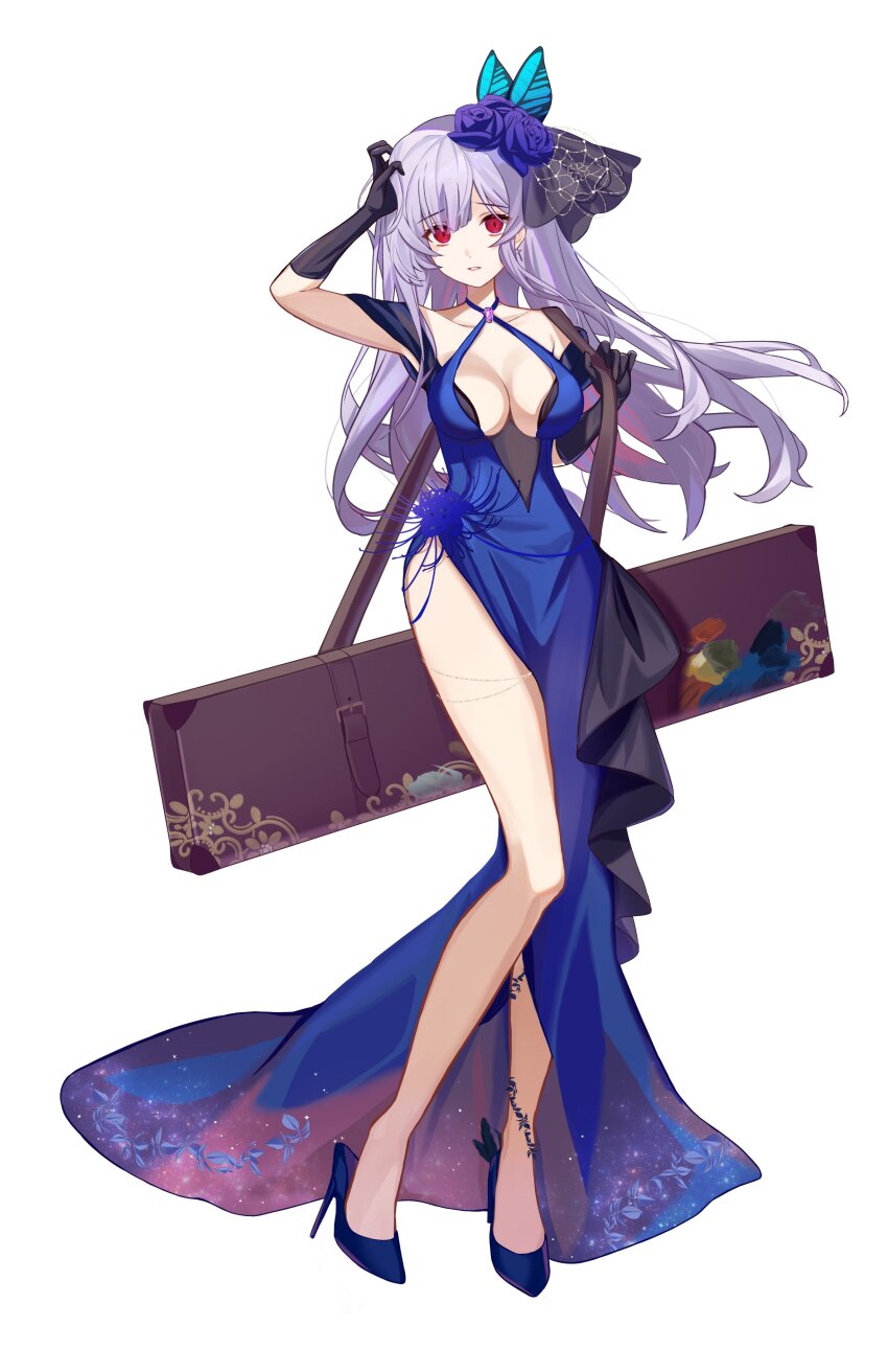 1girl absurdres black_dress black_gloves blue_dress blue_flower blue_shoes breasts cleavage commentary_request dress etoria flower full_body gem gloves hair_flower hair_ornament halterneck high_heels highres large_breasts layered_dress legs long_dress long_hair original parted_lips purple_gem purple_hair red_eyes shoes side_slit simple_background solo standing white_background