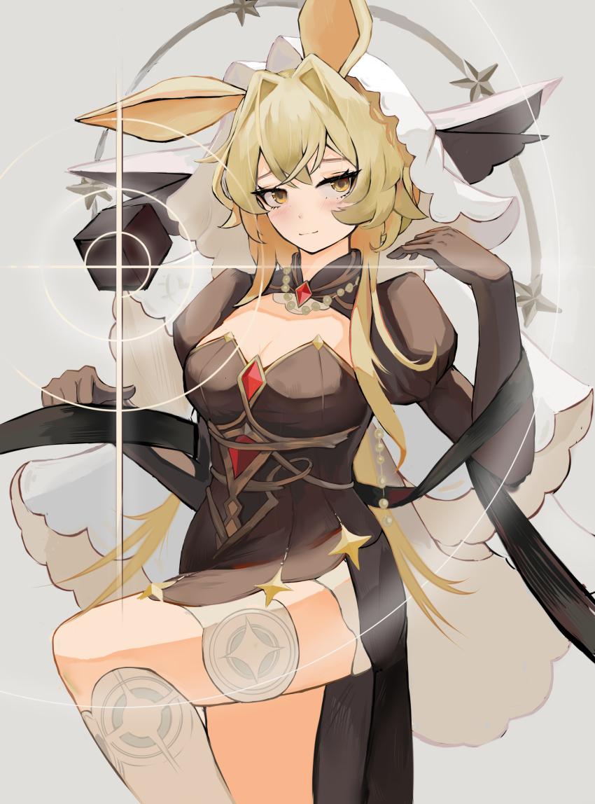 1girl absurdres animal_ears arknights aura blonde_hair blush breasts brown_dress brown_gloves chinese_commentary cleavage closed_mouth commentary_request diffraction_spikes dorothy_(arknights) dorothy_(hand_of_destiny)_(arknights) dress elbow_gloves gloves grey_background hair_intakes hand_up headscarf highres knee_up light_smile long_hair looking_at_viewer m1ssilge magic medium_breasts official_alternate_costume puffy_sleeves simple_background solo standing star_(symbol) white_headscarf yellow_eyes