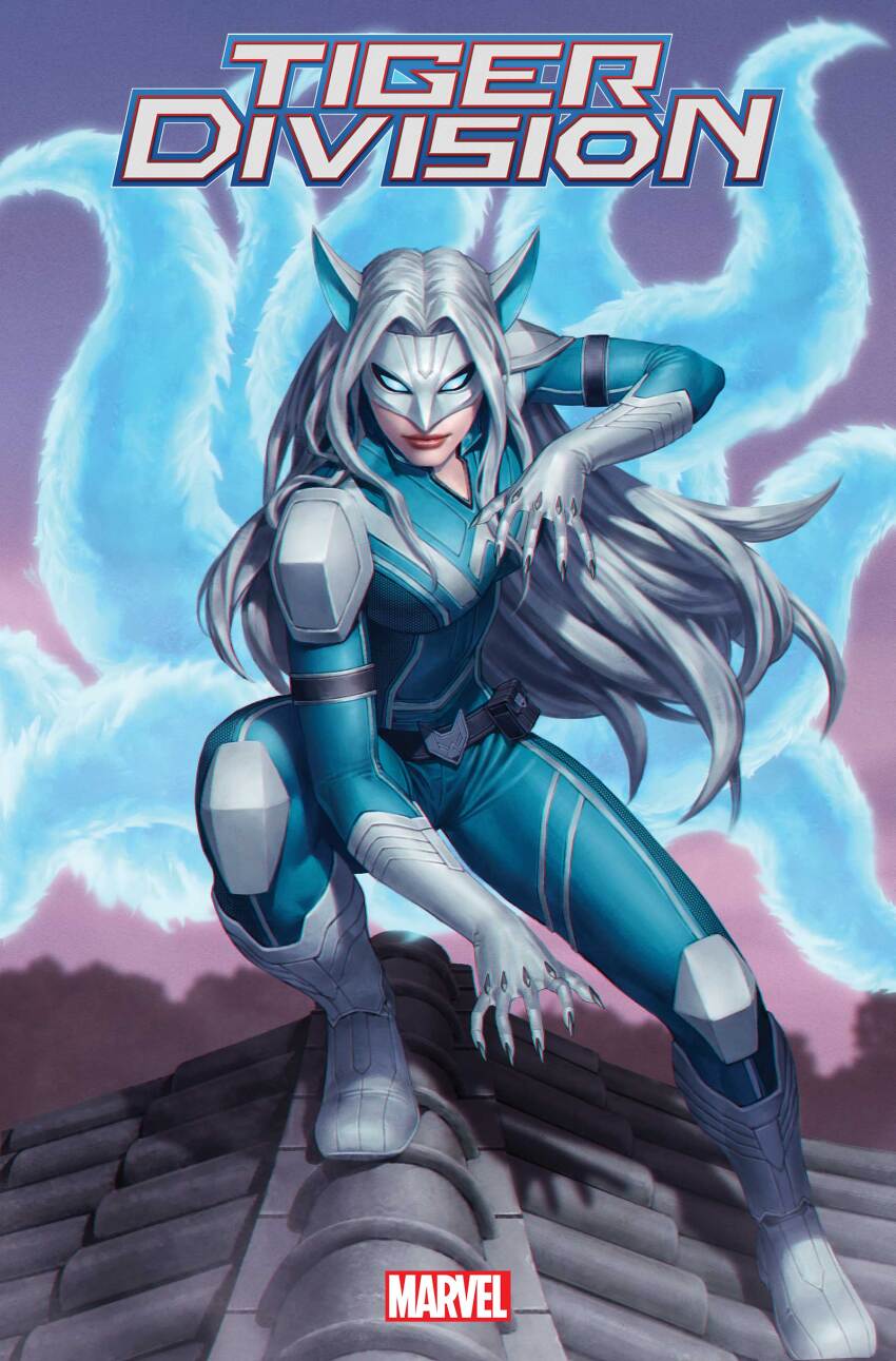 1girl absurdres animal_ears aqua_bodysuit armor belt black_belt bodysuit boots comic_cover company_name copyright_logo copyright_name cover cover_page english_text extra_tails eye_mask fake_animal_ears fox_ears gloves highres knee_pads logo long_hair looking_at_viewer marvel mask official_art shoulder_armor squatting tiger_division tile_roof white_boots white_fox_(marvel) white_gloves white_hair yoon_junggeun