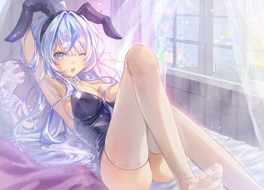 1girl absurdres ainohanxen animal_ear_hairband animal_ears aokumo_rin arm_behind_back arm_up black_hairband black_leotard blue_eyes breasts cleavage cloud_hair_ornament collar commentary curtains day detached_collar english_commentary fake_animal_ears foot_out_of_frame grey_eyes hair_intakes hairband highres indoors knee_up large_breasts leotard long_hair looking_at_viewer lying multicolored_hair no_shoes on_back on_bed one_eye_closed open_mouth parted_bangs rabbit_ear_hairband rabbit_ears solo stellive strapless strapless_leotard streaked_hair thighhighs virtual_youtuber white_collar white_thighhighs window wing_collar